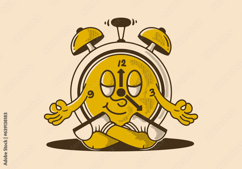 alarm clock mascot character in meditation pose