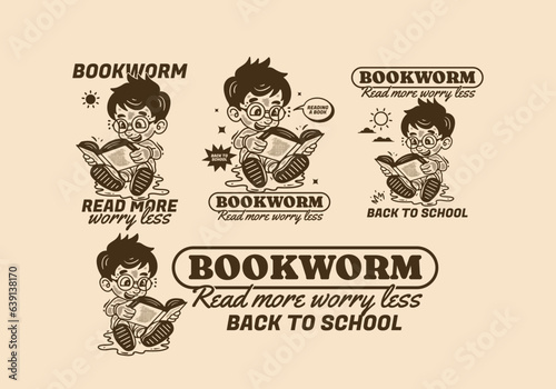 Bookworm, read more worry less, illustration of a little boy sitting and reading a book photo