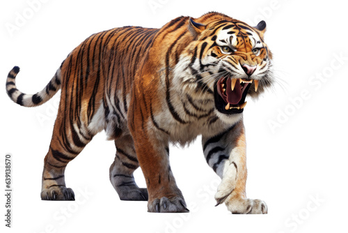 Fototapeta Portrait of Asia Bengal tiger that looking at camera isolated on clean png background, hunter in the forest, wildlife concept