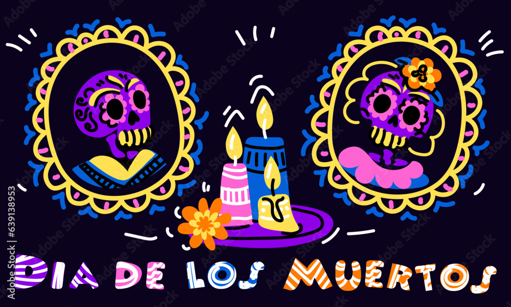 Vector postcard with an illustration of the Mexican holiday Day of the Dead. A postcard with traditional framed family portraits, candles, flowers and the inscription Dia de Muertos on a blue