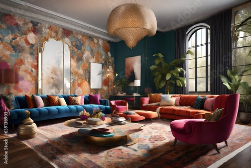 a vibrant 3D rendering of a luxury bedroom with a mix of colorful sofas and chairs in a bohemian style.  © Ahtesham