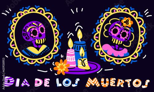 Vector postcard with an illustration of the Mexican holiday Day of the Dead. A postcard with traditional framed family portraits, candles, flowers and the inscription Dia de Muertos on a blue © Svetlana