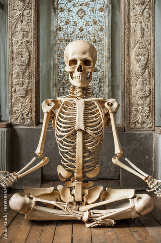 Image of a skeleton doing yoga in cross pose