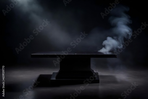 Empty black marble table podium with black stone floor in dark room with smoke