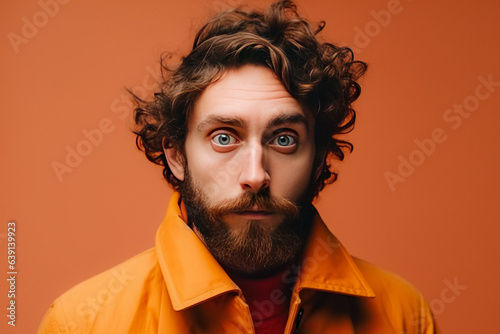 Expressive Man. Humorous, Funky Portrait, Stylish Trendy Attire, Smiling Guy in Jacket, Cool Fashionable Dude, Vibrant Colorful Look, Unique Individuality, Funny Crazy Mood. Generative AI. photo