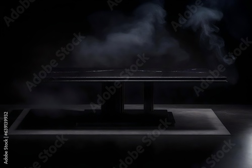 Empty black marble table podium with black stone floor in dark room with smoke © Arqumaulakh50