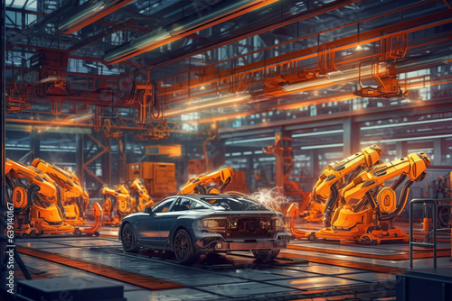 Car assembly line at an innovative factory Generative AI