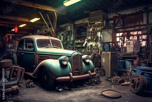 Old car decayed in a deserted garage in bangkok,thailand on sep Generative AI © Nataliia
