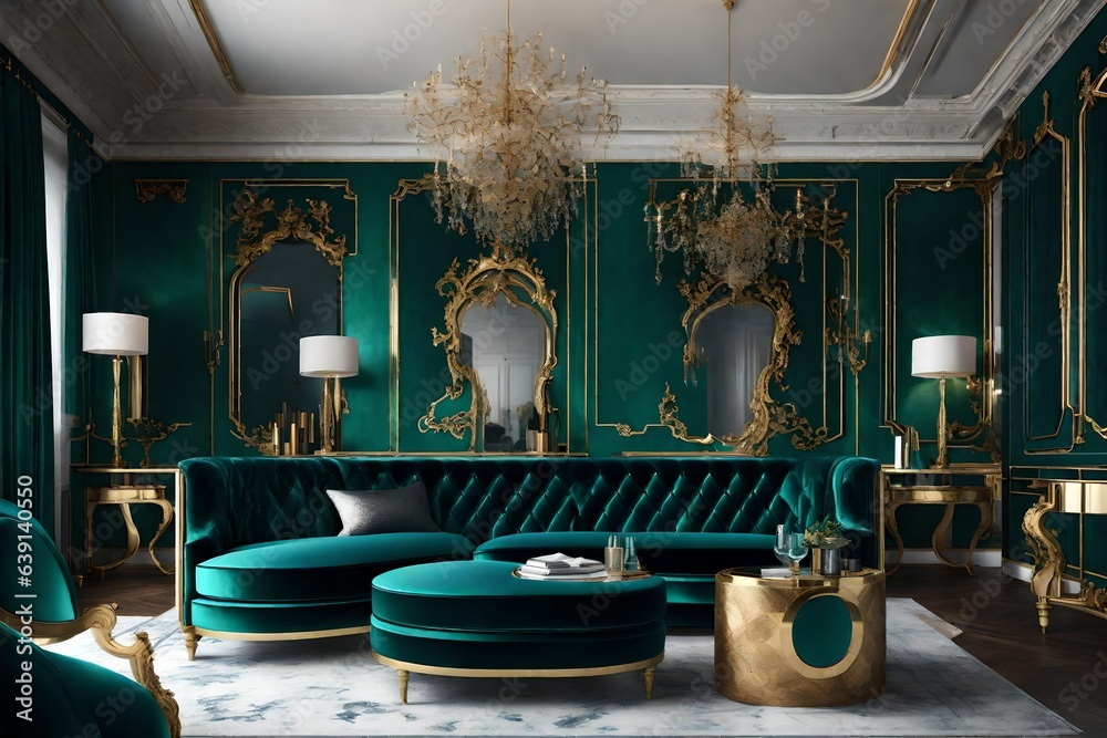  a sumptuous 3D rendering of a luxurious bedroom with an opulent velvet sofa and chairs.