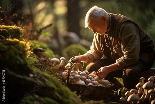 seasoned mushroom collector, with a woven basket in hand, as they gingerly pick a creamy capped mushroom among a verdant patch © Christian