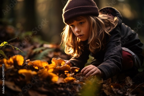 young enthusiast bends low, examining a patch of vibrant chanterelles that nestle among the crispy leaves
