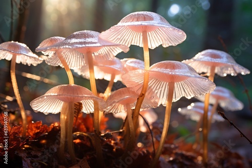 thin-stemmed, umbrella-like mushrooms, their caps delicate and translucent against the filtering autumn sunlight