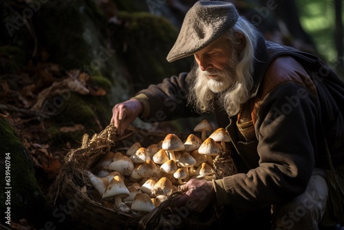 art of mushroom collecting. A mature collector, hat shading their eyes, focuses intently on distinguishing a rare truffle beneath the leaf litter