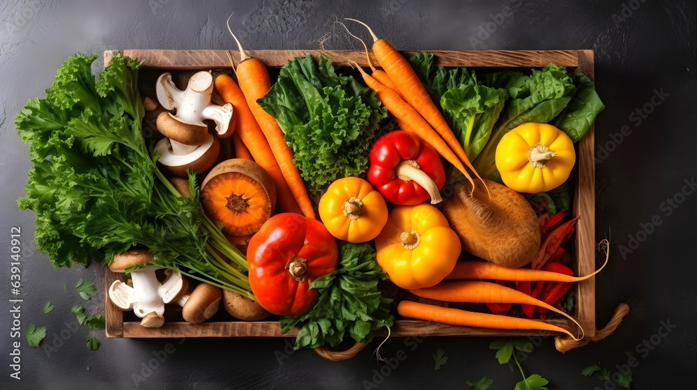 Variety of autumn harvest vegetables carrot, parsnip, chard, paprika, hokkaido pumpkin, porcini and chanterelles mushrooms in wooden tray over gray texture background. AI Generated - obrazy, fototapety, plakaty 