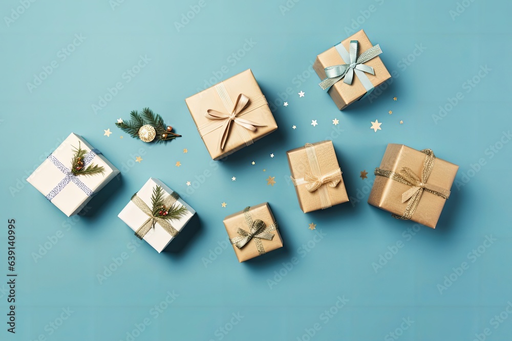 Christmas gift boxes on blue background flat lay, Generative AI