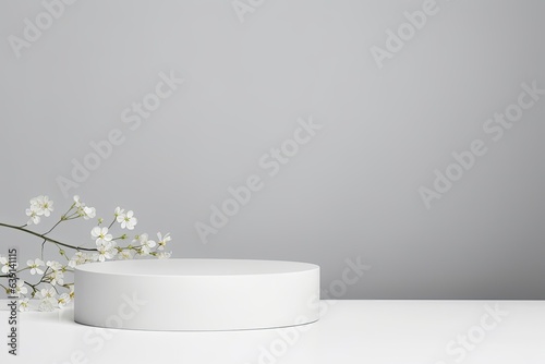Abstract empty white podium and white flowers on grey background. Mock up stand for product presentation. 3D Render. Minimal concept, Generative AI