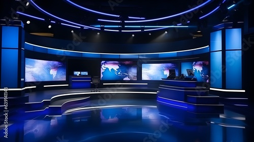 Blue and black theme News, documentary, reporting program TV studio set. Tv or Cable new network live studio setup with large scale monitors, new technologhy