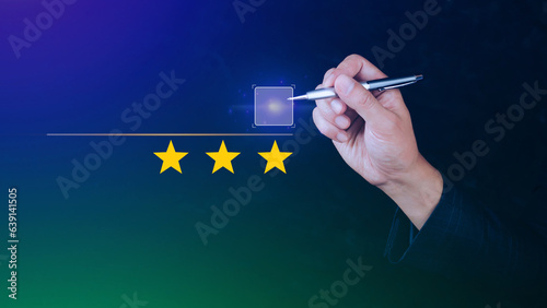 Fototapeta Naklejka Na Ścianę i Meble -  3 star rating. Businessman customer giving three star rating, Review, Service rating, Satisfaction, Customer service experience and feedback review satisfaction.