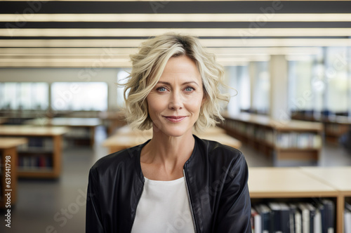 AI generated image of mature woman in the library