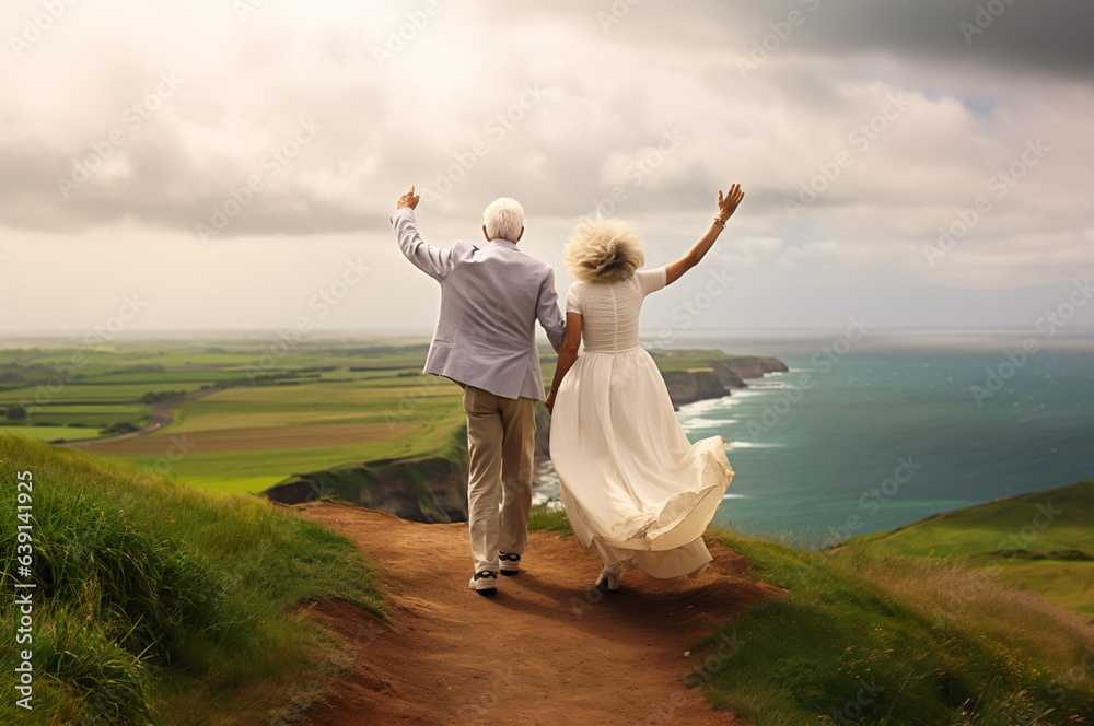AI generated image of senior couple standing on top of mountain by the shore AI generated image of senior couple standing on top of mountain by the shore