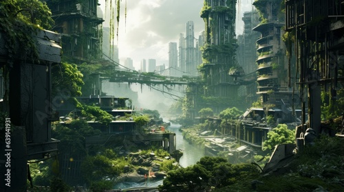 Polluted cityscape transformed into lush green haven over time   generative AI