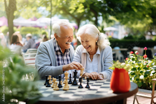 AI generated image of senior playing chess in the park photo
