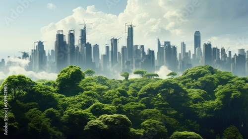 Polluted cityscape transformed into lush green haven over time | generative AI