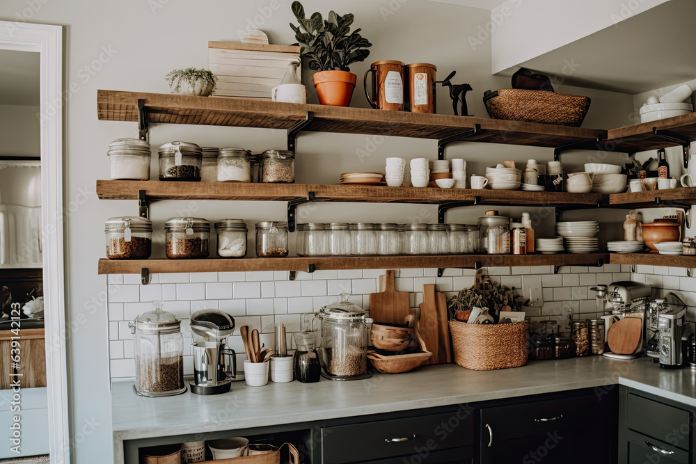 Aesthetic kitchen design with white interiors, wood accents and modern furnishings. Clean and organized, the collection of tableware, jars and plants creates a warm, inviting atmosphere.