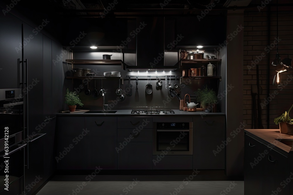 Modern black kitchen design with sleek white furniture and modern appliances. Modern black kitchen design with sleek white furniture and modern appliances.