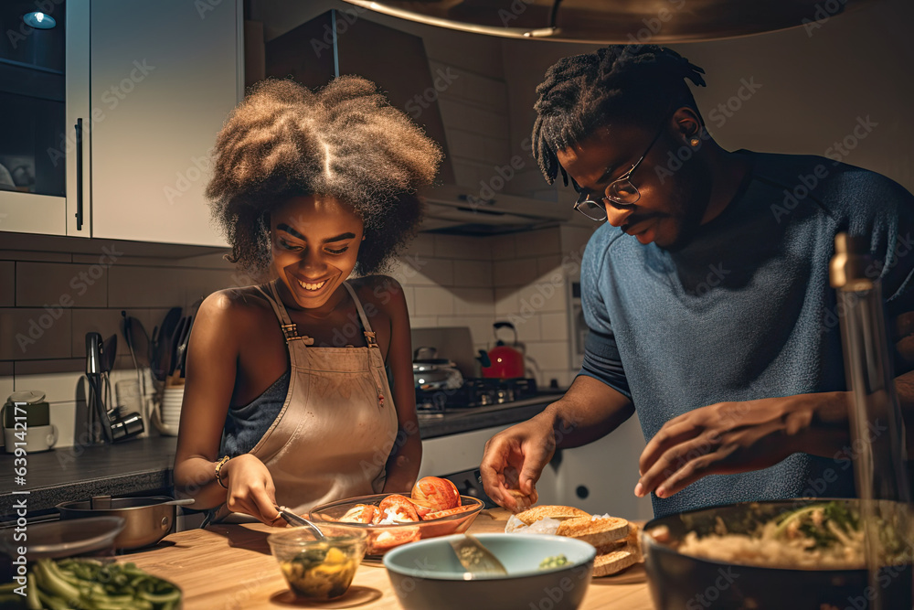A young couple shares a useful culinary experience. Together they prepare a fresh, organic salad, enjoying each other's company and the joy of preparing healthy meals in their own kitchen.