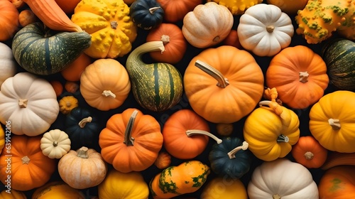 Various fresh ripe pumpkins as background, AI Generative