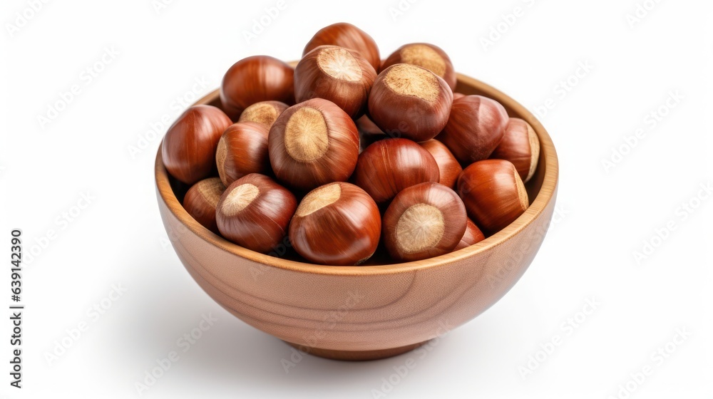 Chestnuts in a wooden bowl on a white background, created by Generative AI Chestnuts in a wooden bowl on a white background, created by Generative AI