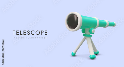 3D telescope on tripod. Vector cartoon image. Services of supervision, observation. Equipment for research. Specialized optics. Horizontal template with place for logo, text