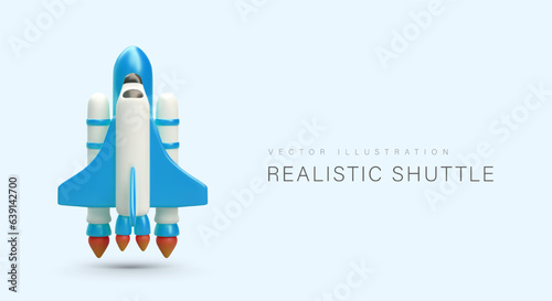 Vertical launch of realistic shuttle. Spacecraft with rocket engines. Symbol of start, new program. Creative agency. Template on blue background, place for text