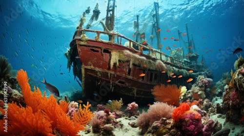 Sunken ship graveyard transformed into vibrant coral habitat   generative AI © ArtisanSamurai