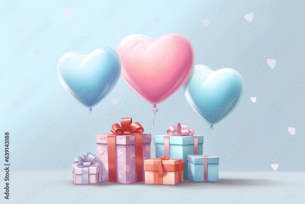3D Illustration of heart-shaped balloons and gift boxes in pastel colors, simple background
