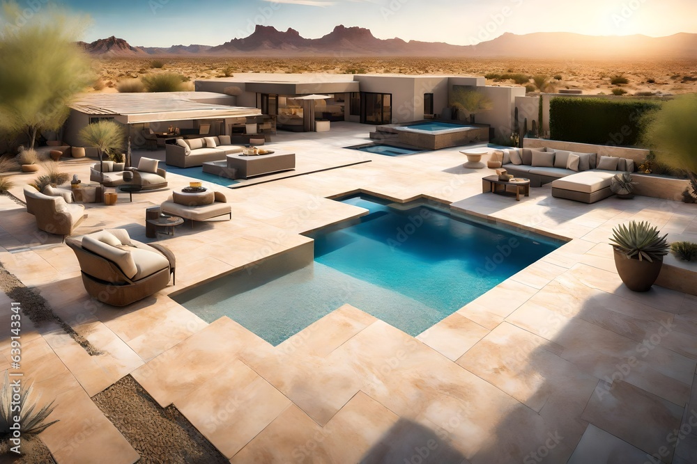 A backyard in Arizona with a pool deck made of travertine tiles, complementing the desert scenery A backyard in Arizona with a pool deck made of travertine tiles, complementing the desert scenery