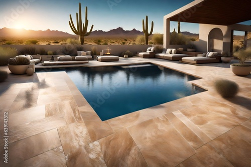 A backyard in Arizona with a pool deck made of travertine tiles, complementing the desert scenery