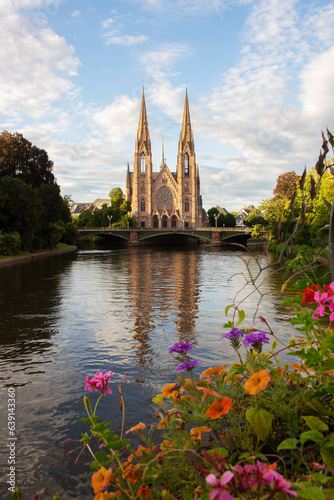 Strasburg Cathedral church by the river in the city center is a tourist attraction in France, landmark 