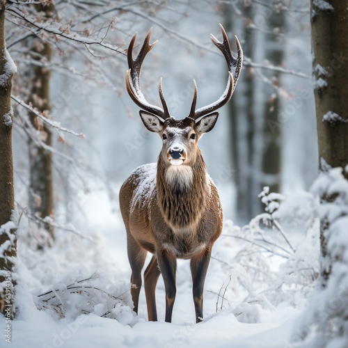 Red deer stag in winter forest. Generative ai