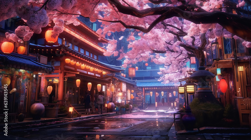 Street of shrines with rows of cherry trees. Generative AI.