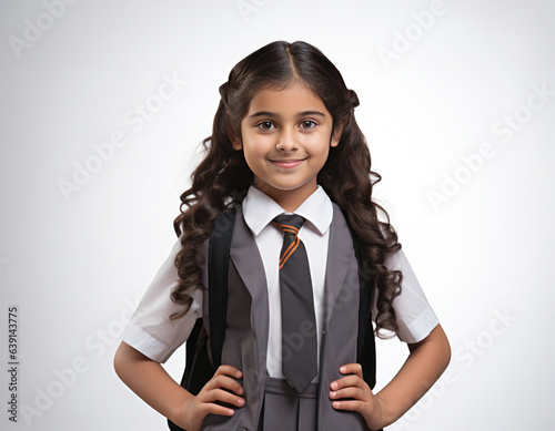 Cute little Indian schoolgirl in uniform looking at camera with backpack while standing