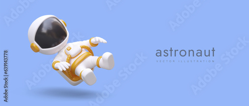 3D astronaut in zero gravity. Floating character in spacesuit. Exploration of universe, going into space. Technology development. Concept on colored background