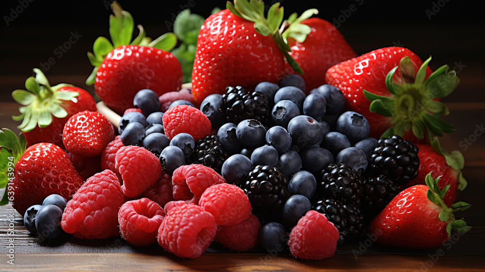 A collection of strawberries, raspberries, blackberries, and blueberries on a wooden table. A collection of strawberries, raspberries, blackberries, and blueberries on a wooden table.