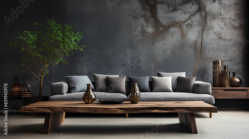 Minimalist Gray Couch and Wooden Coffee Table in Urban Loft