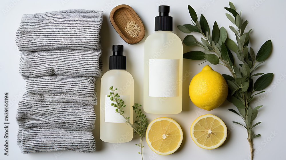 A skincare cleansing products on a white background with towels, lemons and herbs. A skincare cleansing products on a white background with towels, lemons and herbs.
