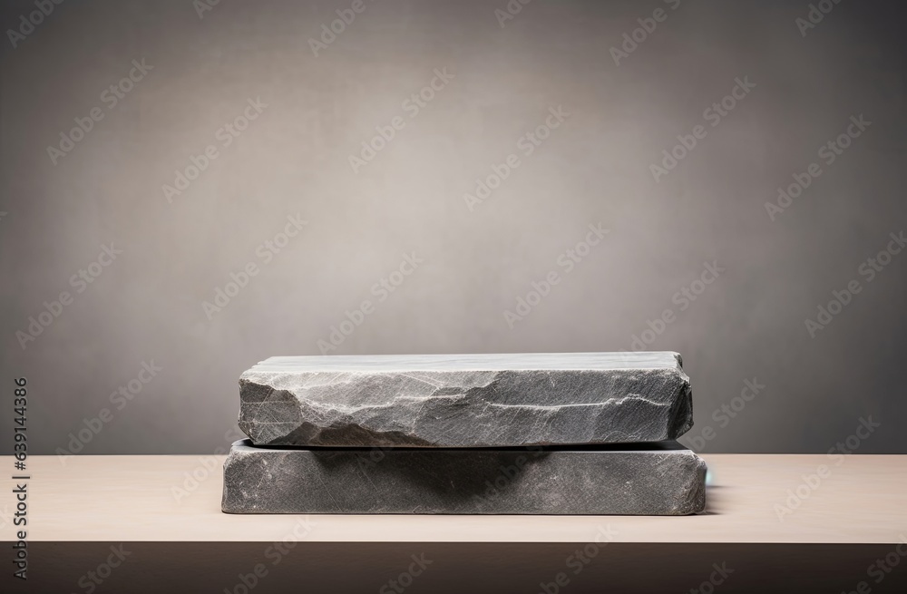 Stone podium for packaging and cosmetic presentation. Monochrome beige template for mockup, banner, Generative AI