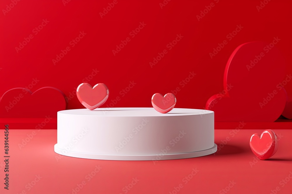 St valentines day promotion concept. Abstract empty white podium on red background. Mock up stand for product presentation. 3D Render, Generative AI