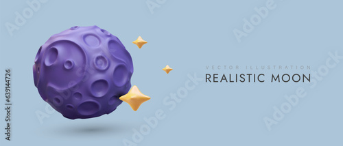 Realistic purple full moon with craters, golden stars. Satellite of Earth. Poster in plasticine style. Night party. Vector template, place for date, logo, text