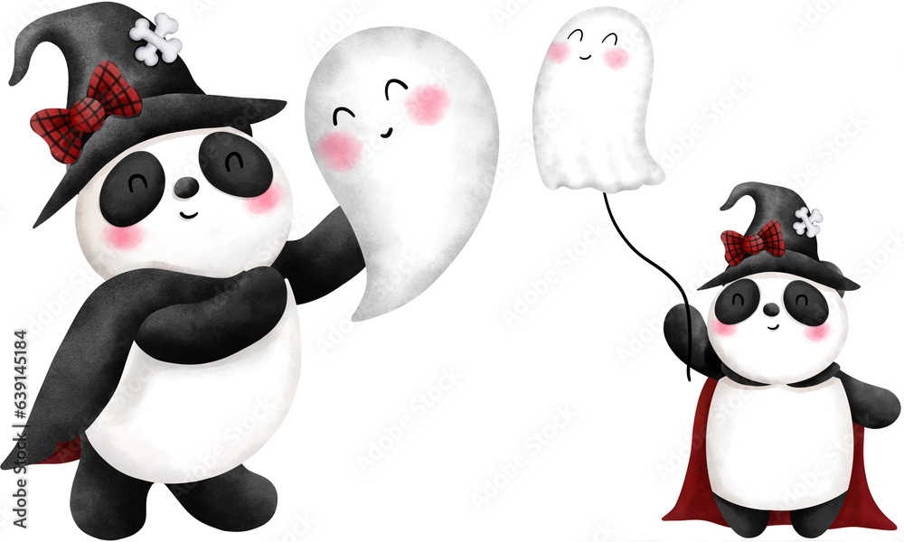 Set of watercolor cute halloween panda and baby ghost illustrations.